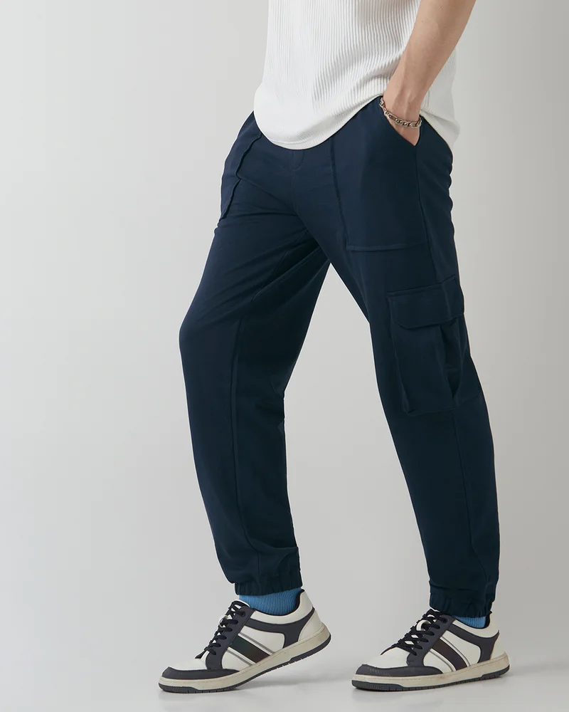 bewakoof Men's Navy Blue Oversized Cargo Warm Joggers